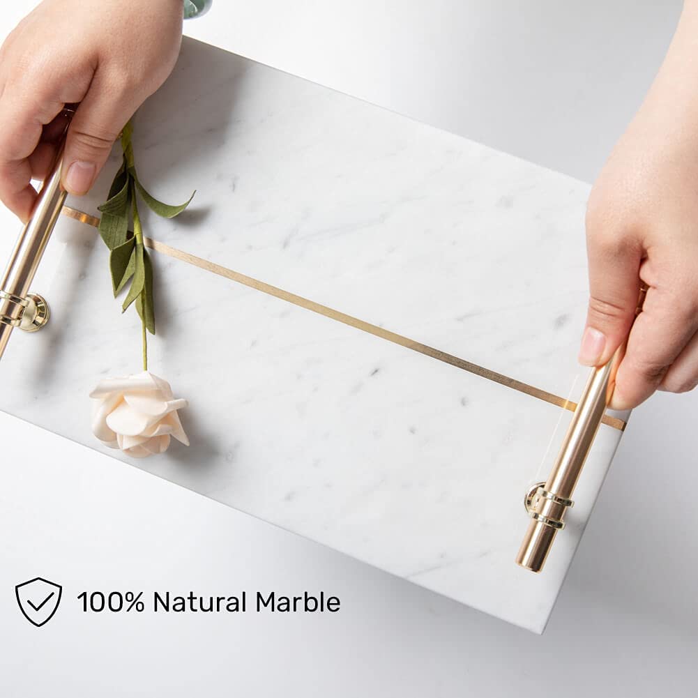 White Marble Tray with Gold Metal Handles 12 x 8 Inch